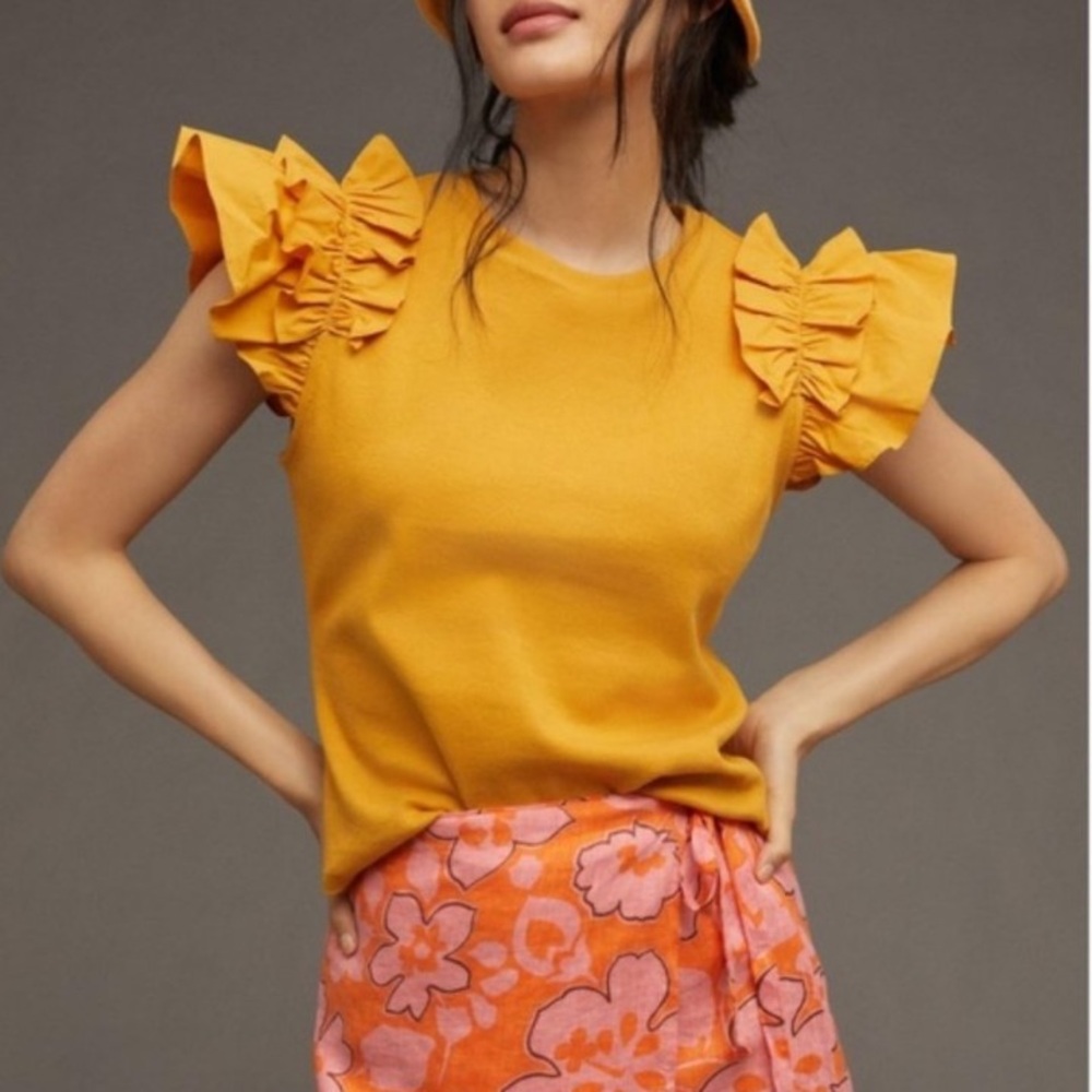 Anthropologie Mustard yellow flutter sleeve rib knit cotton top sz L no defects